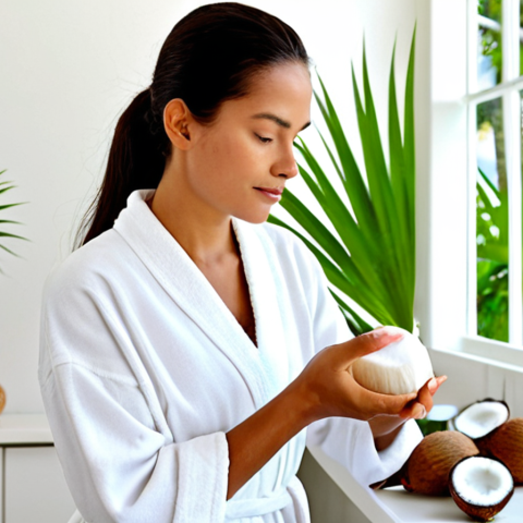 A serene woman, fully clothed in a modest, spa-like white robe, gently applying virgin coconut oil to her arm, in a bright, clean bathroom with tropical plants in the background, evoking the peaceful ambiance of Seychelles. The focus is on the delicate application and the smooth texture of the oil. Perfect anatomy, correct proportions, natural pose, well-formed hands, proper finger count, natural body proportions, professional photography, high quality, soft studio lighting, safe for work, appropriate content, modest, family-friendly.