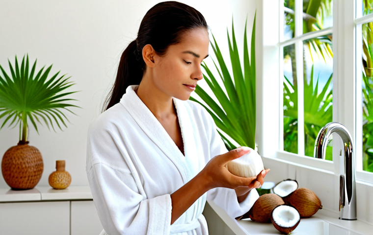 A serene woman, fully clothed in a modest, spa-like white robe, gently applying virgin coconut oil to her arm, in a bright, clean bathroom with tropical plants in the background, evoking the peaceful ambiance of Seychelles. The focus is on the delicate application and the smooth texture of the oil. Perfect anatomy, correct proportions, natural pose, well-formed hands, proper finger count, natural body proportions, professional photography, high quality, soft studio lighting, safe for work, appropriate content, modest, family-friendly.