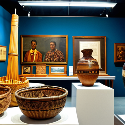 Creole Heritage Display**

"A brightly lit exhibit inside the Seychelles National Museum showcasing traditional Creole artifacts. Focus on woven baskets, carved wooden objects, and musical instruments. The display includes informative signs in Creole and French.  Fully clothed visitors are observing the exhibit with interest.  Proper finger count, well-formed hands, perfect anatomy, natural proportions, safe for work, appropriate content, professional, modest, family-friendly, museum setting, high-quality photography."

**