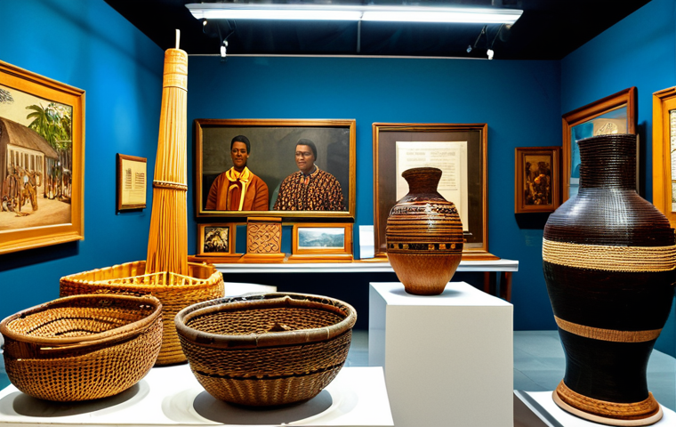 Creole Heritage Display**

"A brightly lit exhibit inside the Seychelles National Museum showcasing traditional Creole artifacts. Focus on woven baskets, carved wooden objects, and musical instruments. The display includes informative signs in Creole and French.  Fully clothed visitors are observing the exhibit with interest.  Proper finger count, well-formed hands, perfect anatomy, natural proportions, safe for work, appropriate content, professional, modest, family-friendly, museum setting, high-quality photography."

**
