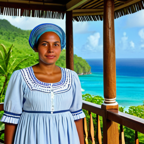 **

"A Seychellois woman in modest, traditional Creole dress, standing in front of a typical Creole house with a wooden veranda, surrounded by lush tropical vegetation. In the background, a glimpse of the ocean. The scene evokes a sense of cultural heritage and island life. fully clothed, appropriate attire, safe for work, perfect anatomy, natural proportions, professional photography, high quality, modest, family-friendly"

**