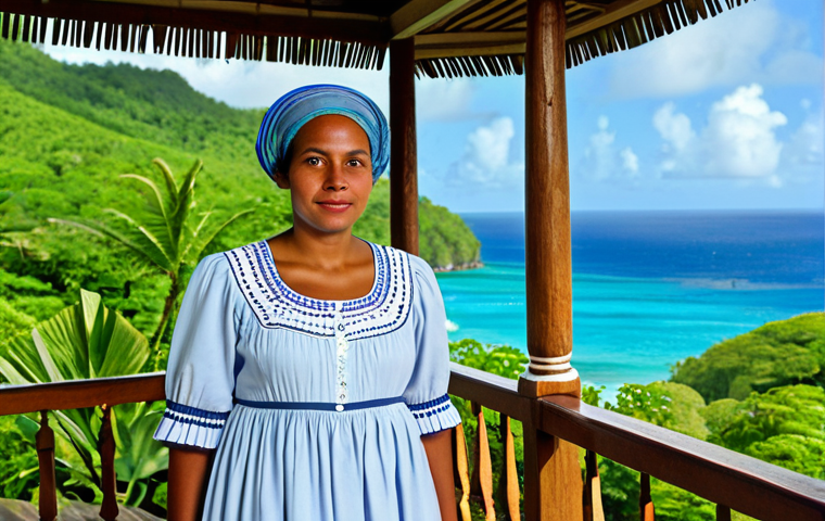 **

"A Seychellois woman in modest, traditional Creole dress, standing in front of a typical Creole house with a wooden veranda, surrounded by lush tropical vegetation. In the background, a glimpse of the ocean. The scene evokes a sense of cultural heritage and island life. fully clothed, appropriate attire, safe for work, perfect anatomy, natural proportions, professional photography, high quality, modest, family-friendly"

**