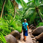 **

"A woman, fully clothed in modest hiking attire, is carefully navigating a rocky trail in the Vallée de Mai on Praslin Island, Seychelles. Lush green coco de mer palms surround her. Perfect anatomy, well-formed hands, correct proportions, natural pose. Safe for work, appropriate content, professional quality, family-friendly."

**