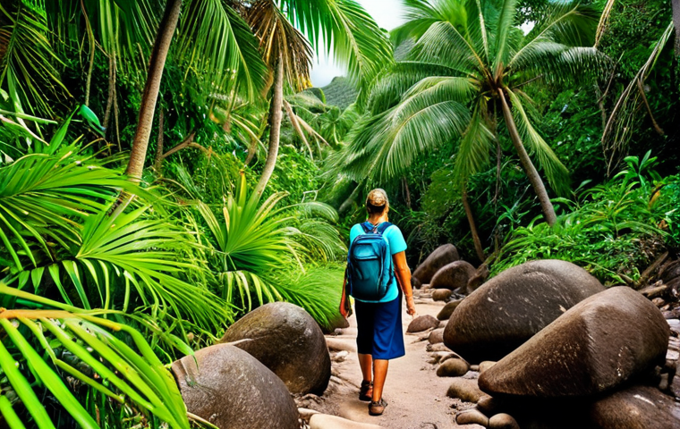**

"A woman, fully clothed in modest hiking attire, is carefully navigating a rocky trail in the Vallée de Mai on Praslin Island, Seychelles. Lush green coco de mer palms surround her. Perfect anatomy, well-formed hands, correct proportions, natural pose. Safe for work, appropriate content, professional quality, family-friendly."

**