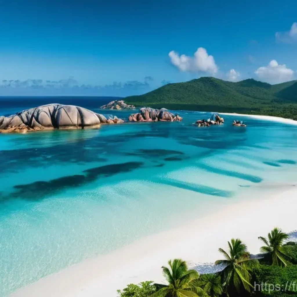 세이셸 항공 촬영 가능 지역 - **Prompt:** An breathtaking aerial view of Anse Source d'Argent beach on La Digue, Seychelles, bathe...