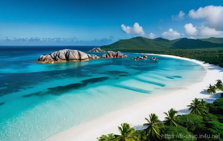 세이셸 항공 촬영 가능 지역 - **Prompt:** An breathtaking aerial view of Anse Source d'Argent beach on La Digue, Seychelles, bathe...