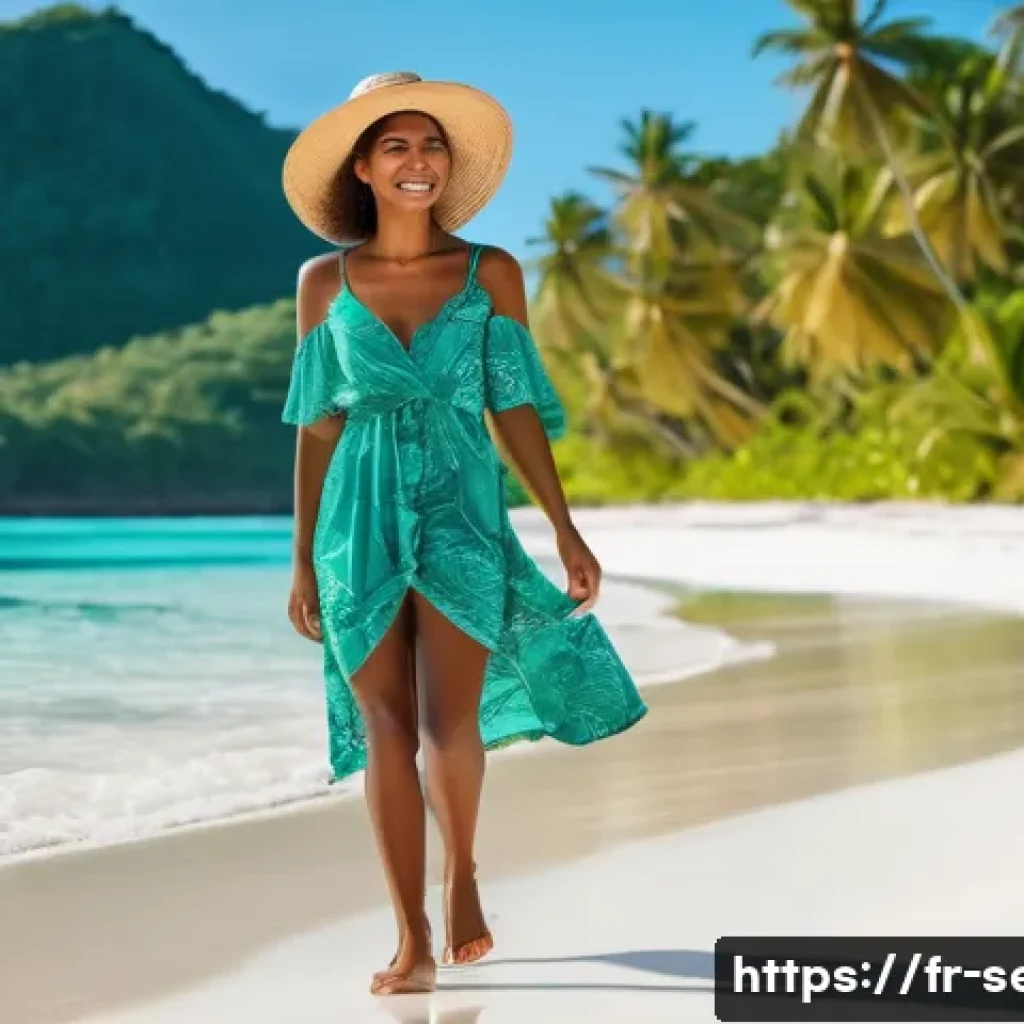 세이셸 독립운동 이야기 - **A young woman (20s) with a warm, friendly smile, wearing a stylish sundress and a wide-brimmed sun...