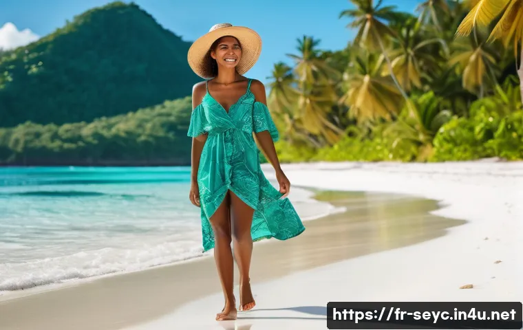 세이셸 독립운동 이야기 - **A young woman (20s) with a warm, friendly smile, wearing a stylish sundress and a wide-brimmed sun...