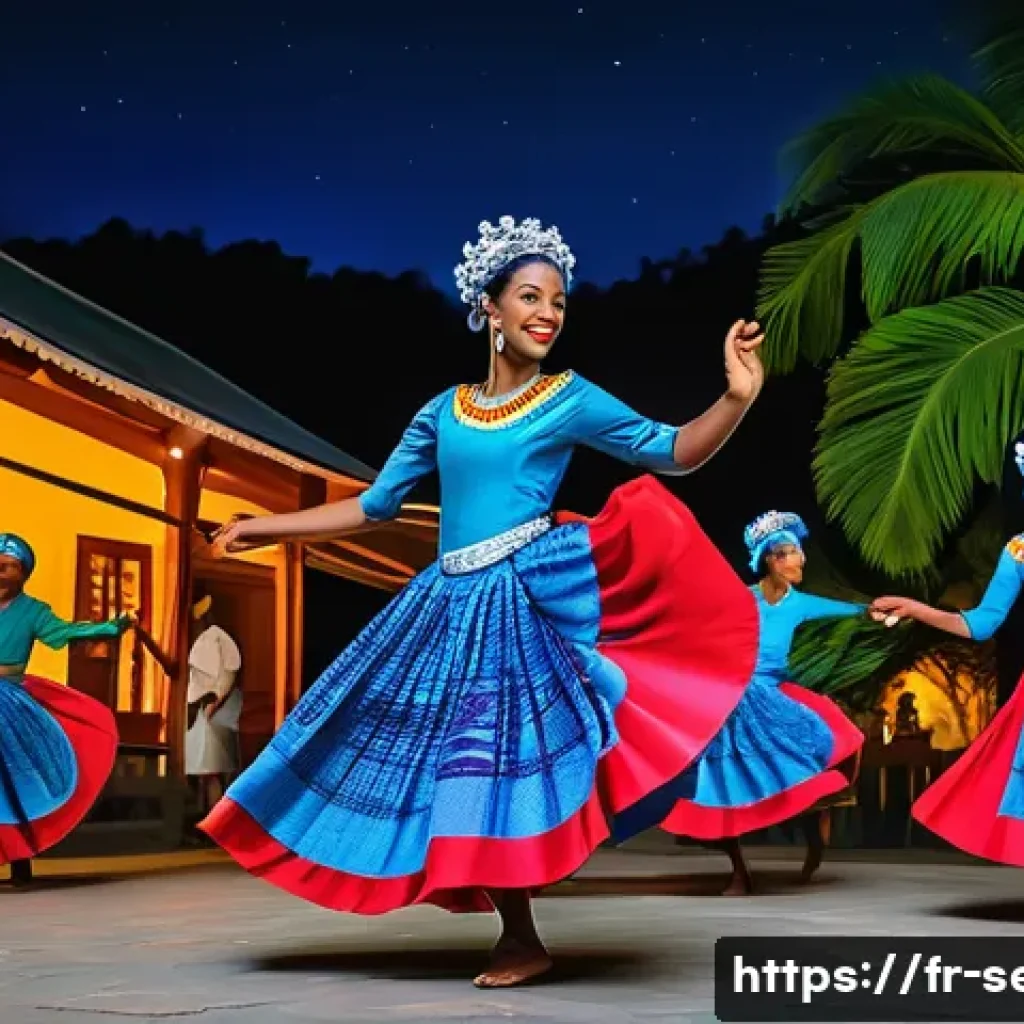 세이셸 전통문화와 의식 - A vibrant traditional Sega dance scene in Seychelles during a community evening under a starry sky. ...