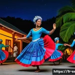 세이셸 전통문화와 의식 - A vibrant traditional Sega dance scene in Seychelles during a community evening under a starry sky. ...