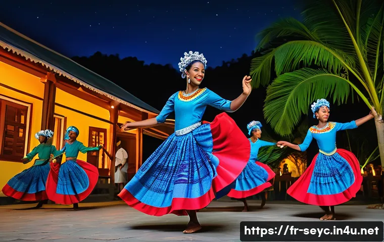 세이셸 전통문화와 의식 - A vibrant traditional Sega dance scene in Seychelles during a community evening under a starry sky. ...