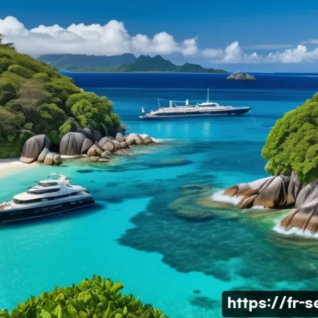 세이셸 프라이빗 요트 투어 - A luxurious private yacht anchored in a hidden secluded cove in the Seychelles, surrounded by crysta...