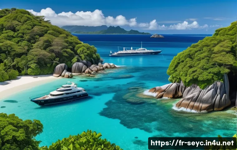 세이셸 프라이빗 요트 투어 - A luxurious private yacht anchored in a hidden secluded cove in the Seychelles, surrounded by crysta...