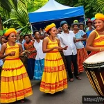 세이셸 전통 축제 일정 - A vibrant scene of a traditional Seychellois festival in Victoria, Mah&eacute;, showcasing local musicians ...