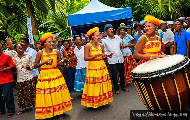 세이셸 전통 축제 일정 - A vibrant scene of a traditional Seychellois festival in Victoria, Mah&eacute;, showcasing local musicians ...