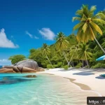 세이셸 비자 발급 절차 - A serene tropical beach scene in the Seychelles during dry season, showcasing crystal-clear turquois...