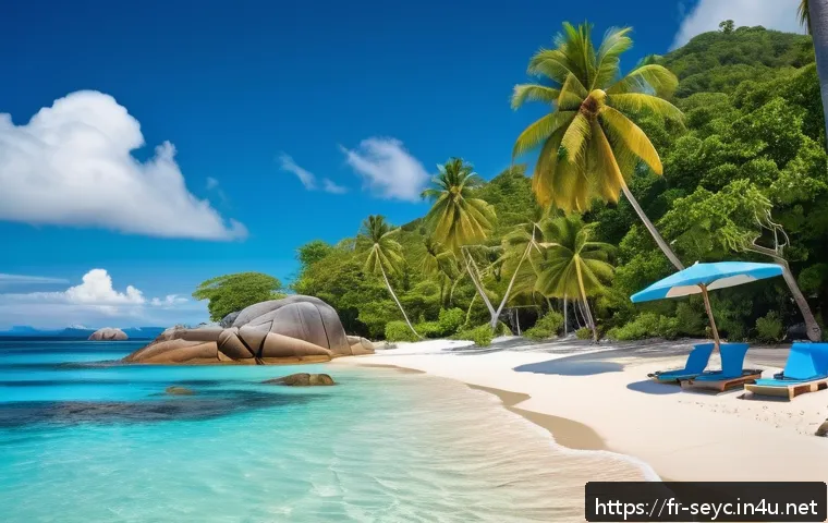 세이셸 비자 발급 절차 - A serene tropical beach scene in the Seychelles during dry season, showcasing crystal-clear turquois...