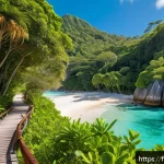 세이셸과 몰디브 비교 여행 - A vibrant tropical jungle scene in Seychelles with dense lush greenery, tall palm trees, and iconic ...