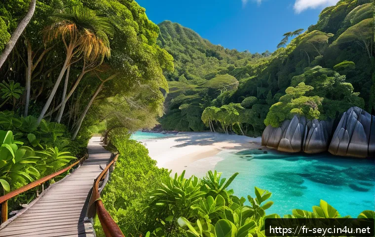 세이셸과 몰디브 비교 여행 - A vibrant tropical jungle scene in Seychelles with dense lush greenery, tall palm trees, and iconic ...