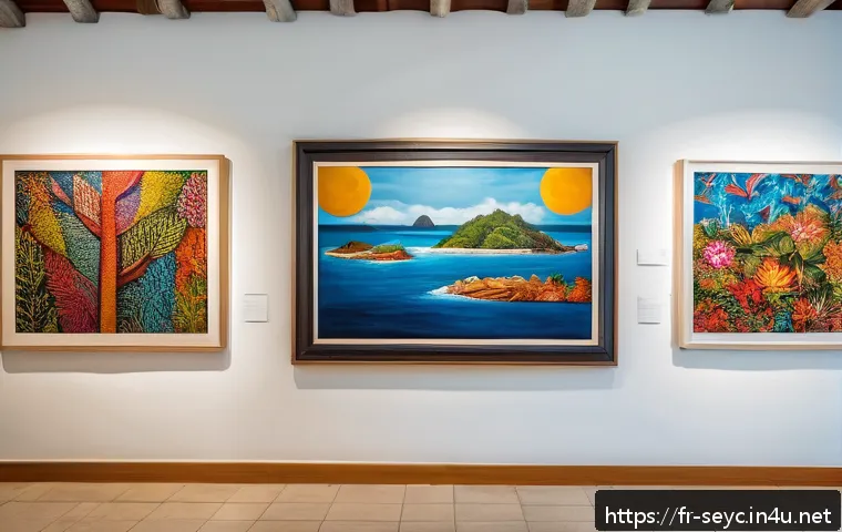 세이셸 예술가와 문학 작품 - A vibrant contemporary art gallery in Seychelles showcasing paintings that blend traditional Creole ...