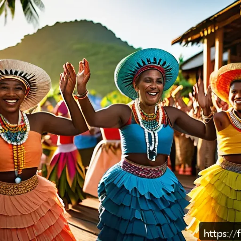 세이셸 전통 춤과 음악 - A vibrant traditional Seychelles dance scene during a lively village festival at sunset, featuring d...