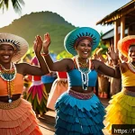 세이셸 전통 춤과 음악 - A vibrant traditional Seychelles dance scene during a lively village festival at sunset, featuring d...