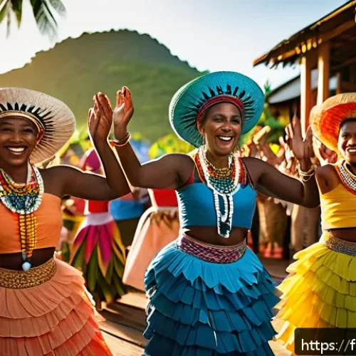 세이셸 전통 춤과 음악 - A vibrant traditional Seychelles dance scene during a lively village festival at sunset, featuring d...