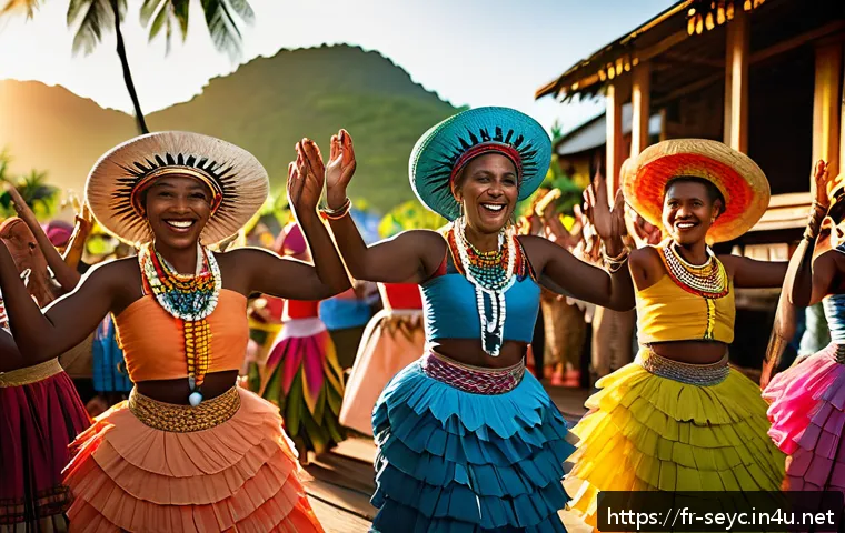 세이셸 전통 춤과 음악 - A vibrant traditional Seychelles dance scene during a lively village festival at sunset, featuring d...