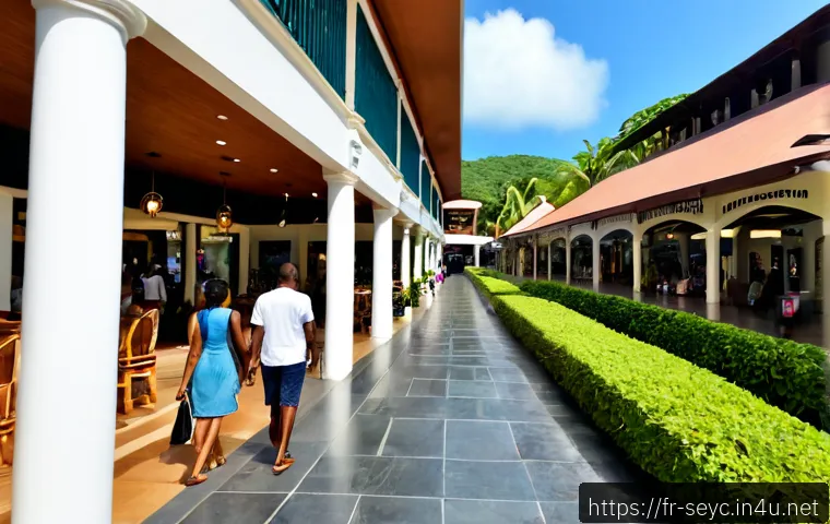 세이셸 쇼핑몰과 로컬 시장 - Photorealistic upscale shopping arcade in Seychelles, open-air island mall with elegant boutiques, t...
