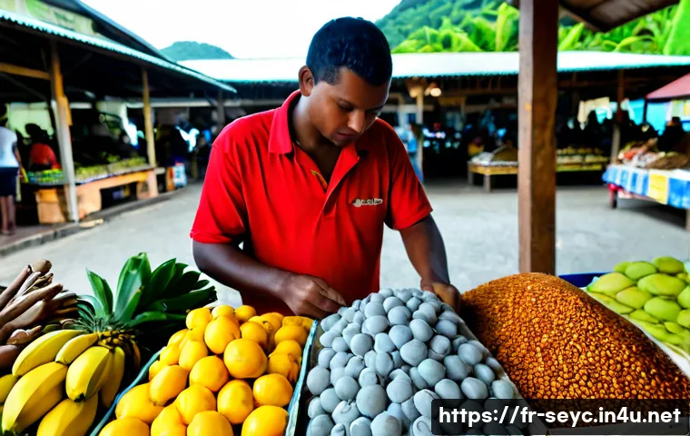 Home 17 세이셸 현지 시장 투어 - Photorealistic morning tour of a vibrant Seychelles local market in Victoria, Mahé, a friendly Creol...