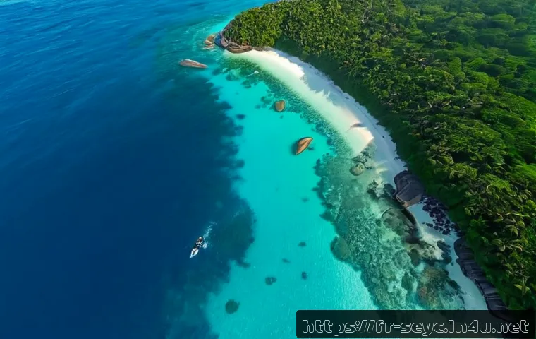 세이셸 자연보호 정책 - Photorealistic aerial view of a protected Seychelles marine reserve, vibrant coral reef beneath clea...
