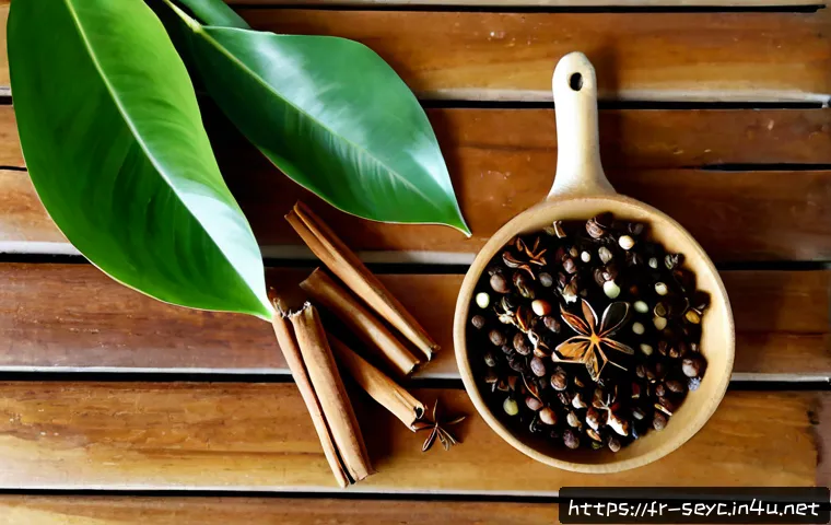 Home 17 세이셸 향신료와 특산품 - Photorealistic overhead still life of Seychelles specialty spices on a polished wooden market table:...